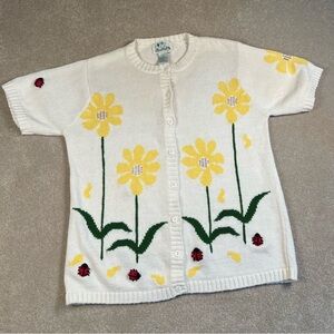 The Quacker Factory Sweater Ladybug Floral Sequin Cardigan Spring Embroidered M